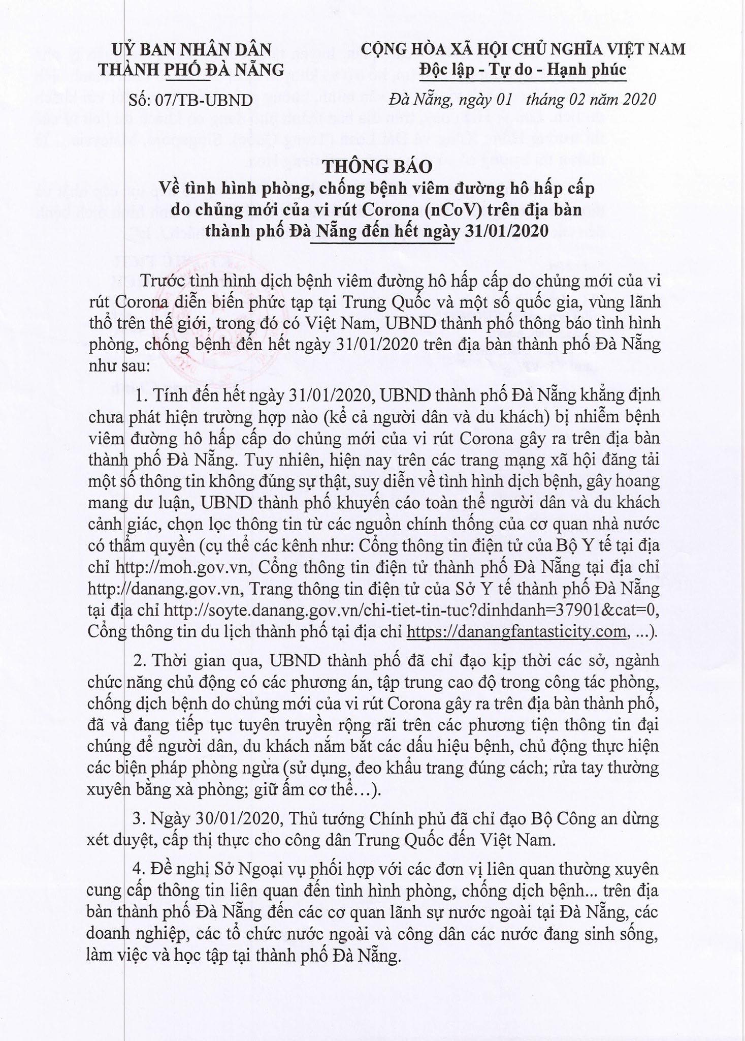 Thong Bao Ve Tinh Hinh Phong Chong Benh Viem Duong Ho Hap Cap Cho Chung Moi Cua Vi Rut Corona Ncov Tren Dia Ban Thanh Pho Da Nang Den Het Ngay 31 01 2020 01