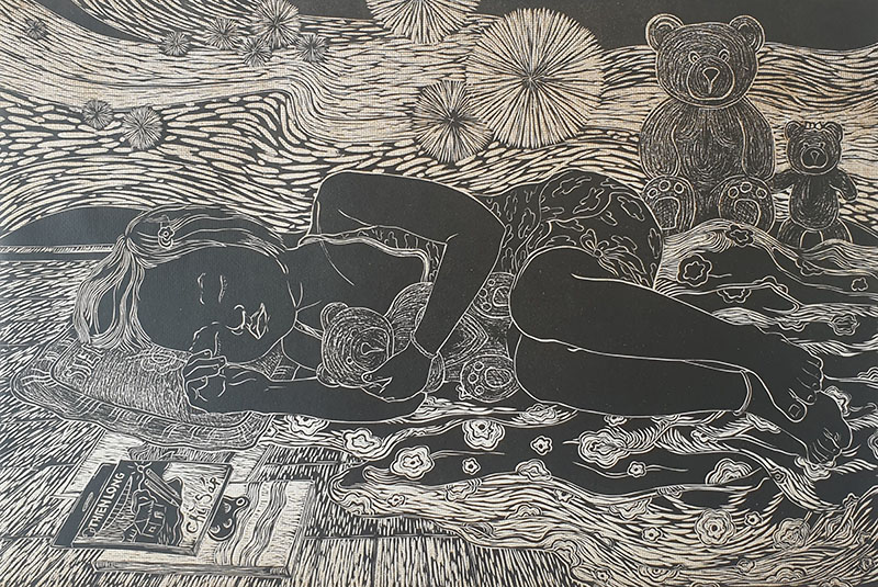 Bé Và Hoa Long Chong Phan Thanh Hải Khắc Gỗ 40x60 20201