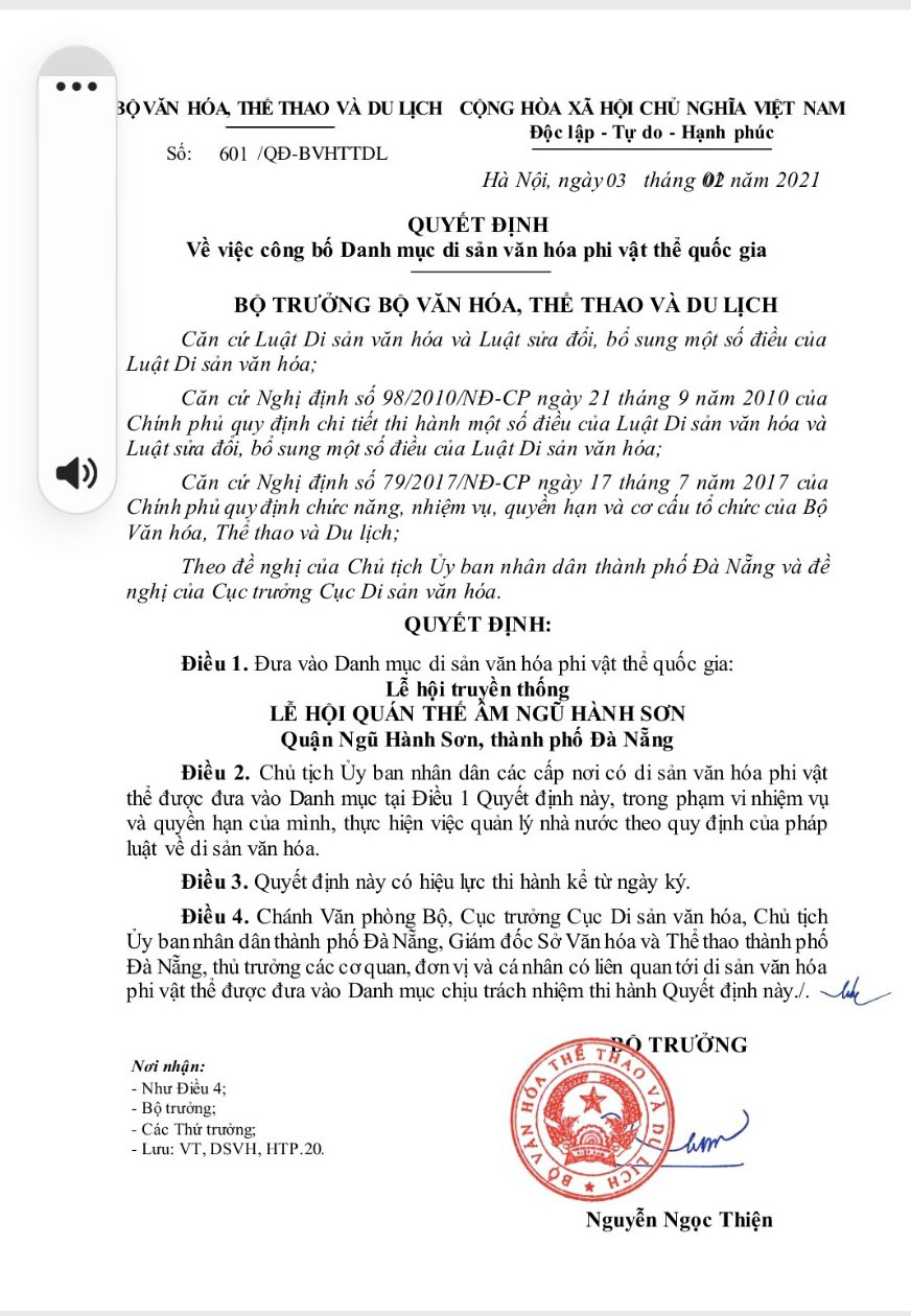 Le Hoi Quan The Am Ngu Hanh Son Duoc Cong Nhan La Di San Van Hoa Phi Vat The Quoc Gia