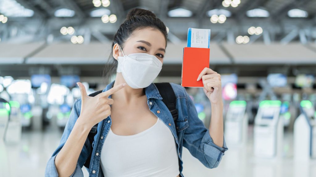 Happiness Smiling Asian Adult Female Wear Face Mask Hand Gesture