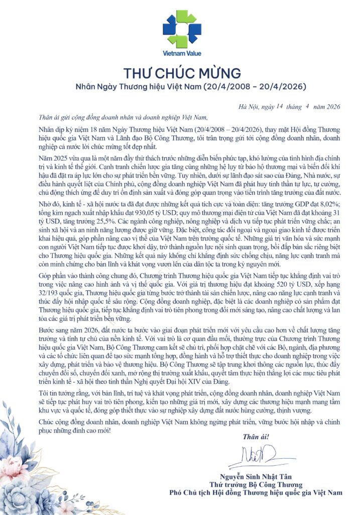 Thư chúc mừng Nhân ngày Thương hiệu Việt Nam (20/4/2008 – 20/4/2026)