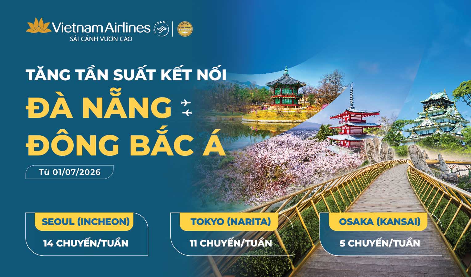 Vietnam Airlines tăng tần suất các đường bay từ Đà Nẵng đến Đông Bắc Á
