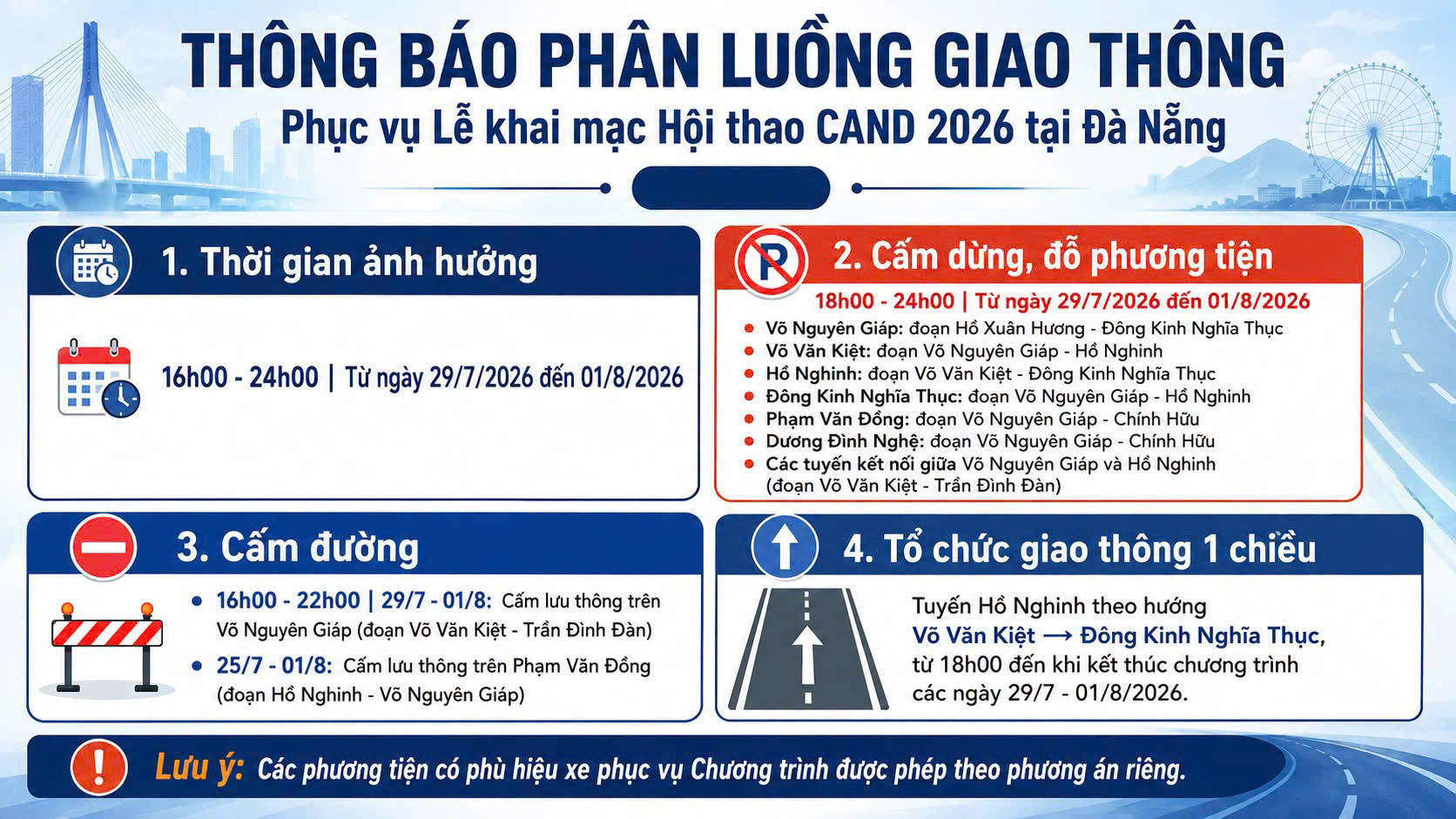 Phân luồng giao thông phục vụ Lễ khai mạc Hội thao quân sự, võ thuật và thể thao Công an nhân dân năm 2026 tại Đà Nẵng